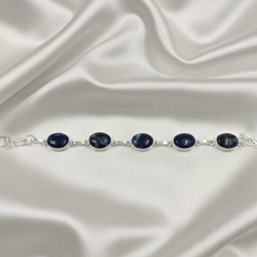 Sodalite Bracelet in Sterling Silver, Handmade Crystal Healing, Natural Blue Gem