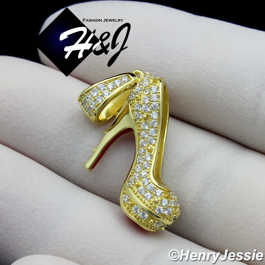 WOMEN 925 STERLING SILVER ICY CZ GOLD PLATED 3D HIGH HEEL SHOE PENDANT*GP161