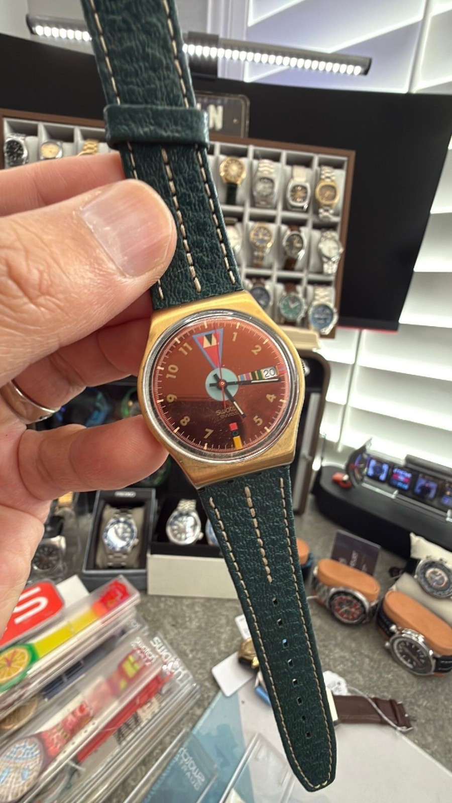 Swatch Gent Boca Verde GX402 1989 34mm Swiss Quartz Watch NOS Unworn Leather