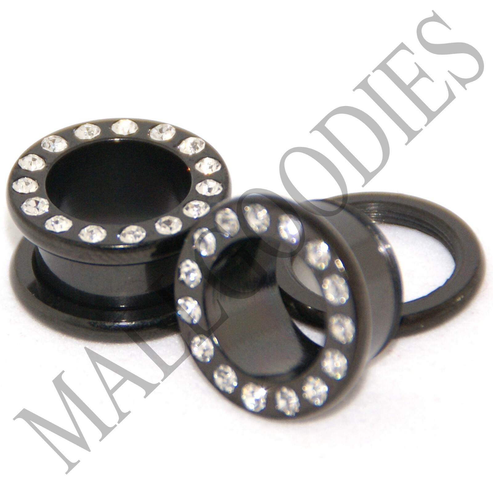 0063 Black Screw-on/fit CZ Flesh Tunnels 1/2″ Inch 12.7mm Ear Plugs Steel PAIR