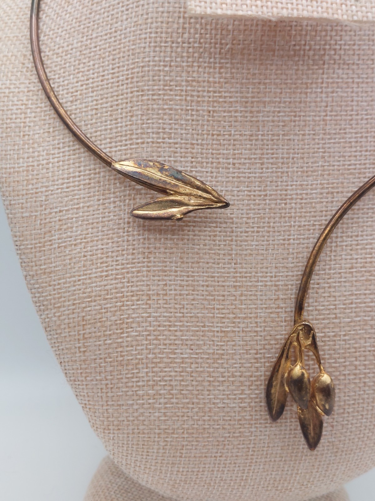 Open Front Gold Torque Collar Necklace Vintage Leaf Earthy Boho Nature Romantic