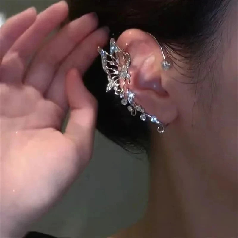 Korean Fashion Zircon Butterfly Elf Ear Cuff for Women Sparkling Zircon Crystal