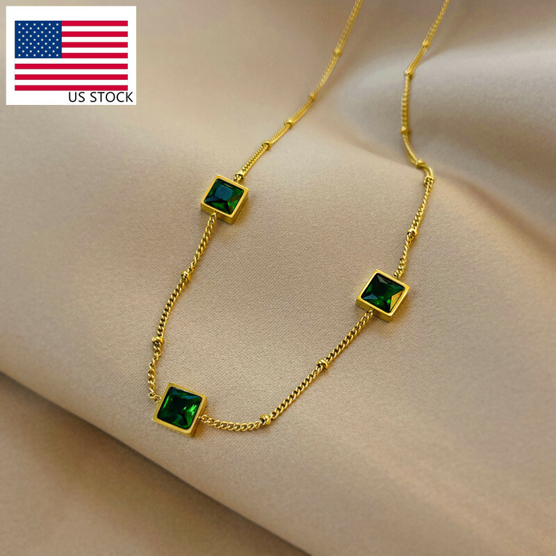Woman 18K Gold Plated Stainless Steel Simulated Green CZ Chain Necklace 17.7”