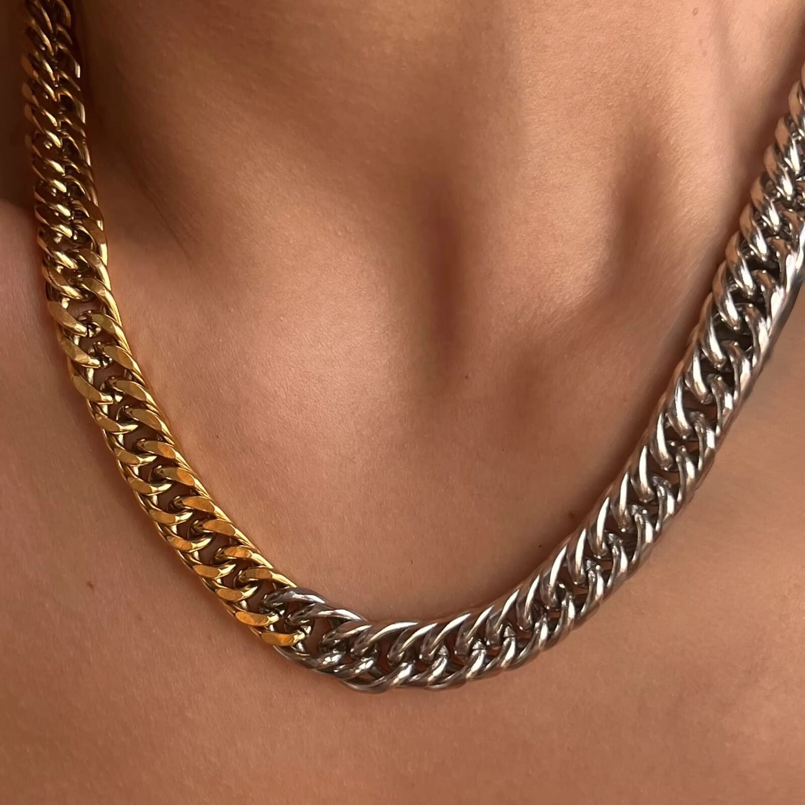 18K PVD Real Silver Gold Plated Chunky Cuban Chain Necklace For Women waterproof