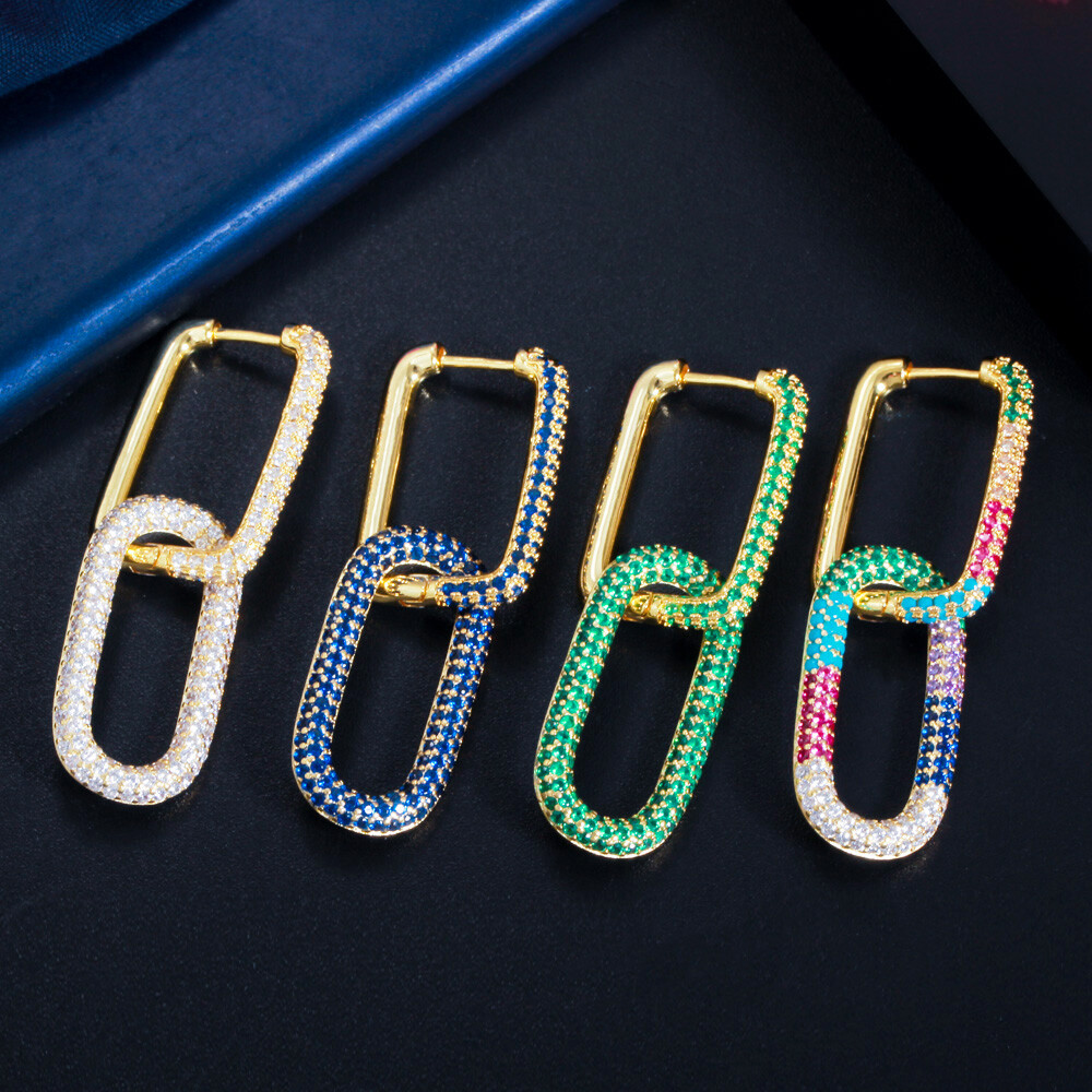 Gold Plated Mix Multicolor CZ Bridal Dangle Drop Rectangle Charm Hoop Earrings