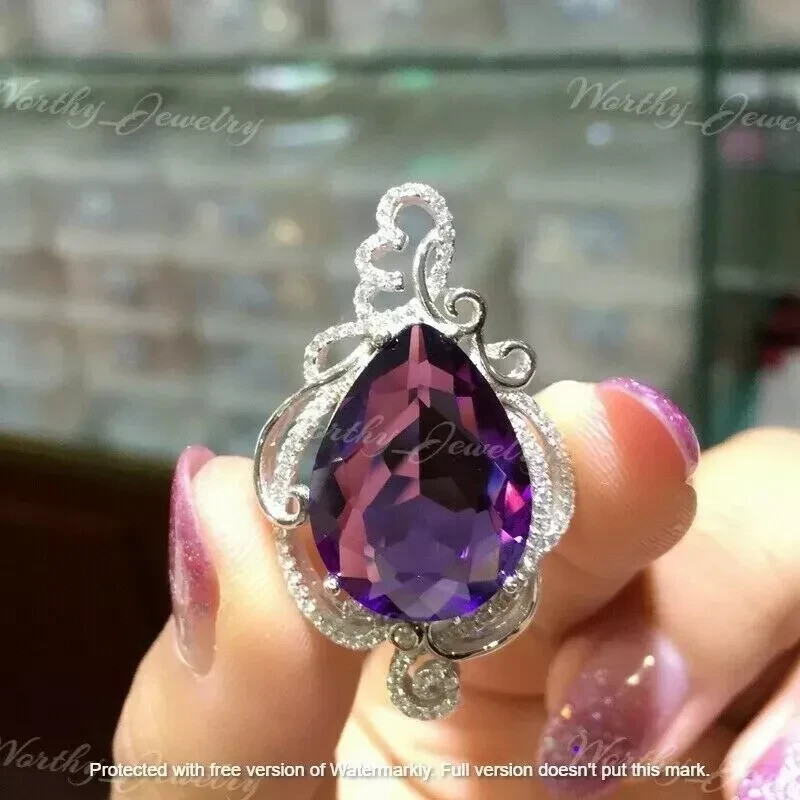 4.20Ct Pear Cut Amethyst Diamond Design Pendant 14K White Gold Finish