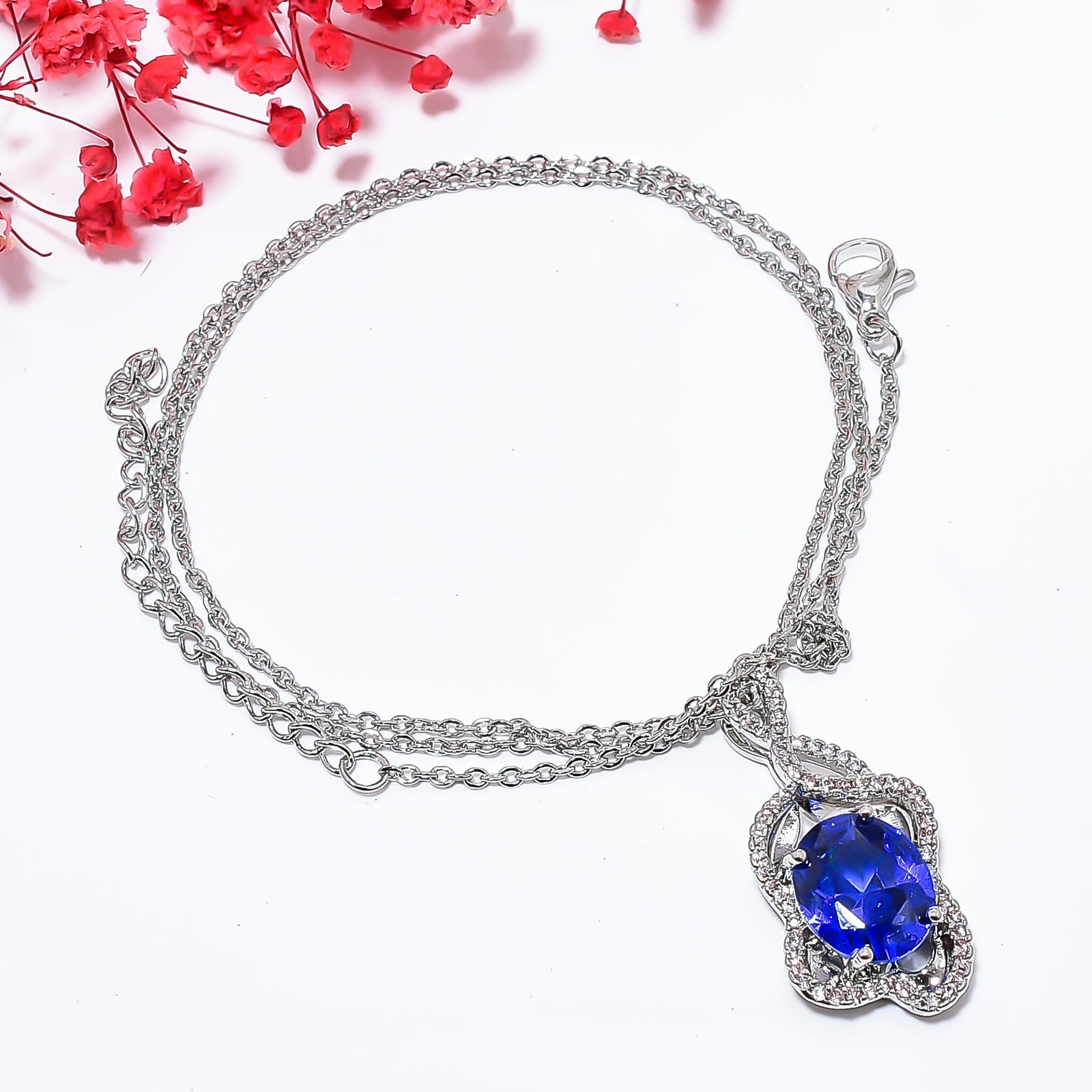 Tanzanite & Cz 925 Sterling Silver Pendant With Adjustable Chain 18-20″ CP150621