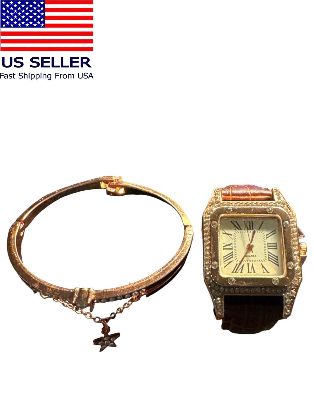 Women PU Leather Rhinestone Watch and Rose Gold Bracelet 2 Piece Set