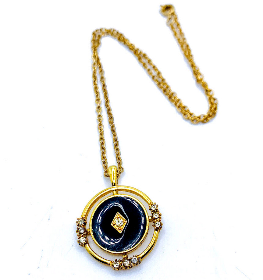 Vtg Gold Crown Inc Gold Tone Black Enamel Rhinestone Deco Rev. Pendant Necklace