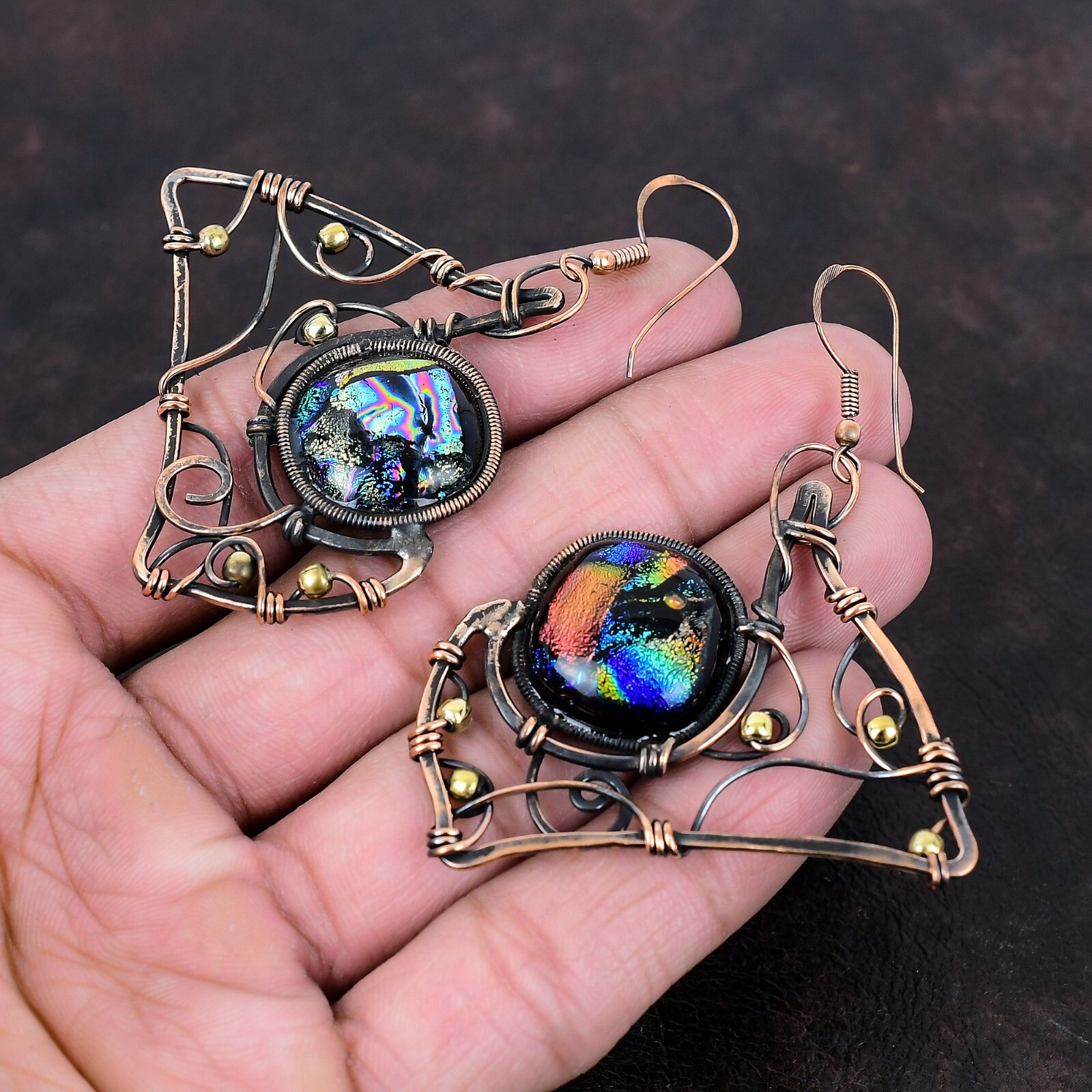 Gift For Her American Dichroic Glass Wire Wrapped Earrings Copper 2.56″
