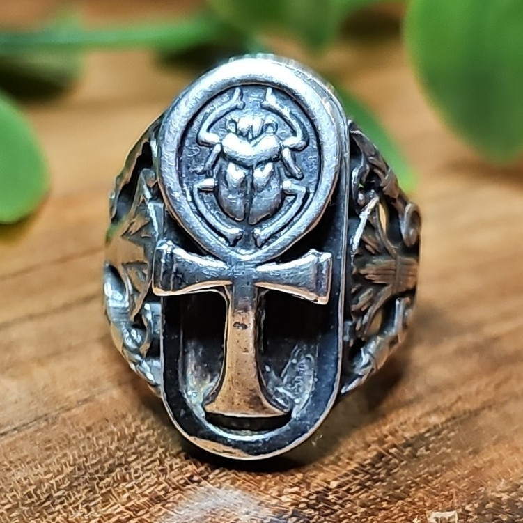 Sterling Silver Scarab Ankh Ring Egyptian Mythology Filigree Statement Sz 6.5