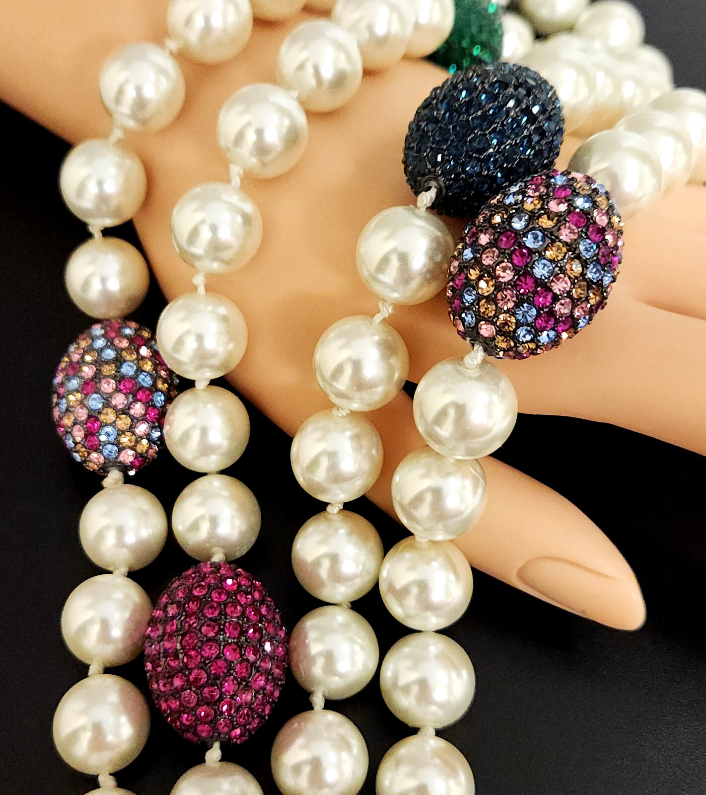 NWT Joan Boyce Faux Pearl Egg Shape Pave Set Rhinestone Spacer Long Necklace 44″