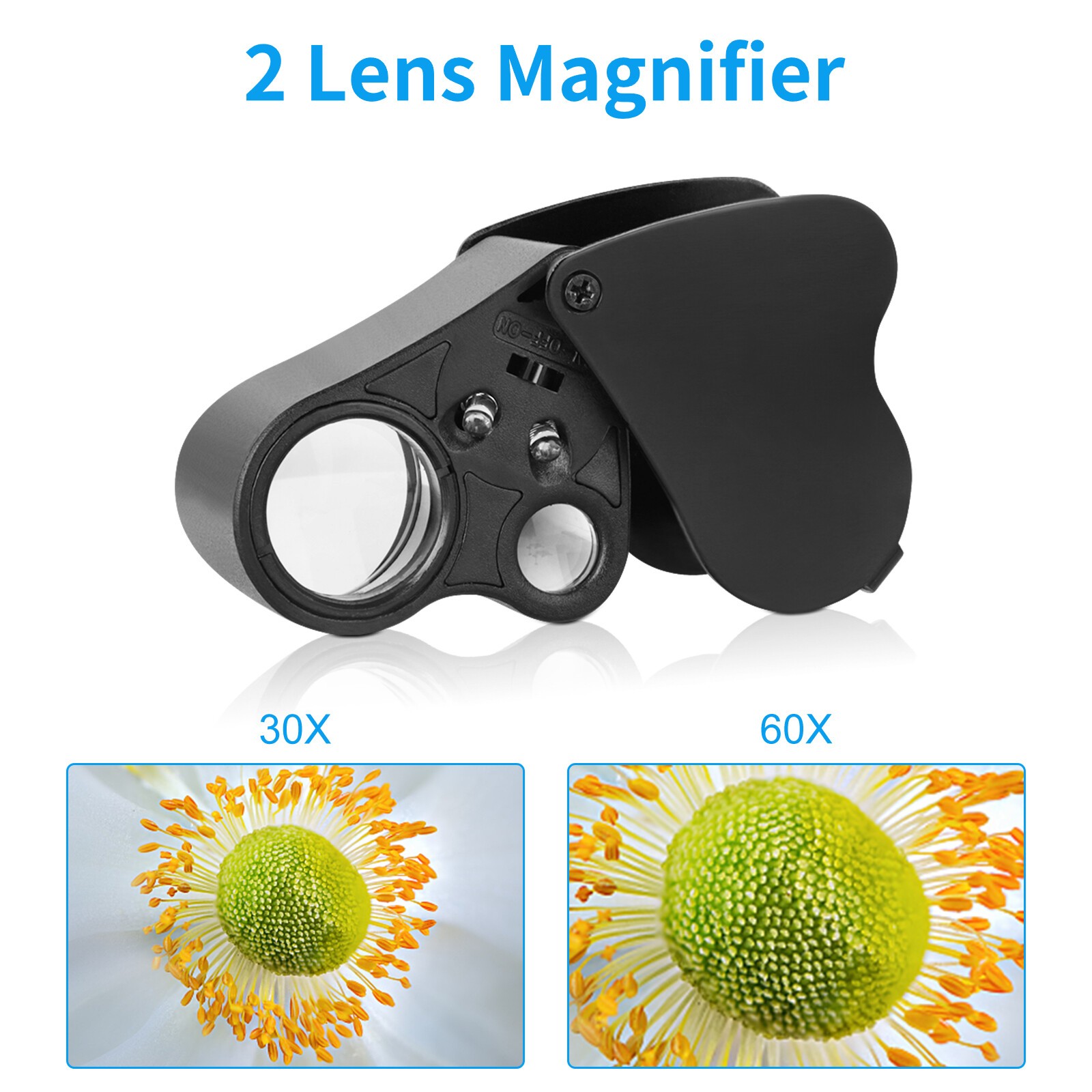 30X 60X 90X Illuminated Jewelers Eye Loupe Foldable Magnifier Bright LED Light