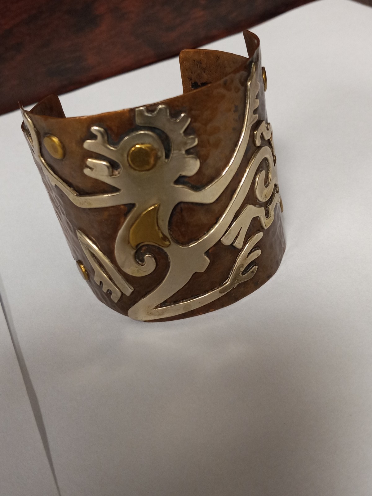 Vtg Casa Maya Mexico Mixed Metal Copper Silver Brass Monkey Wide Cuff Bracelet