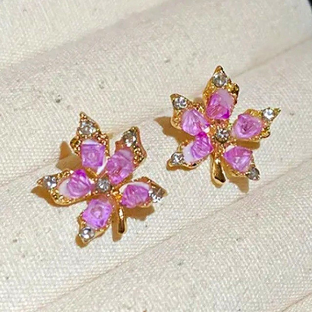 Pink Flower Cluster Stud Earrings Yellow Gold Plated Butterfly Back 2cm Lobe