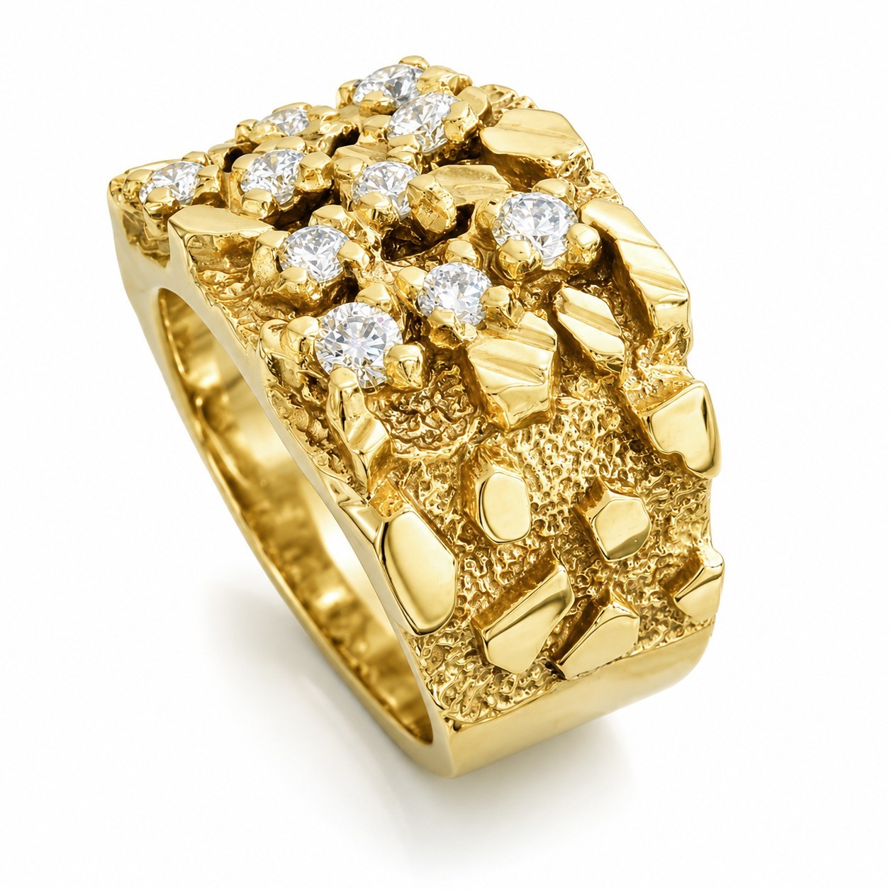 Real 14K Yellow Gold .70 Carat Wide Face Diamond Mens Nugget Ring Natural or Lab