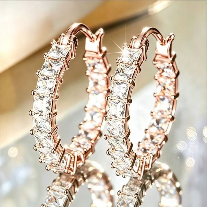 3 Colors Woman 18k Gold Plated Sparkling CZ Hoop Huggie Earring Drop Dangle 21mm