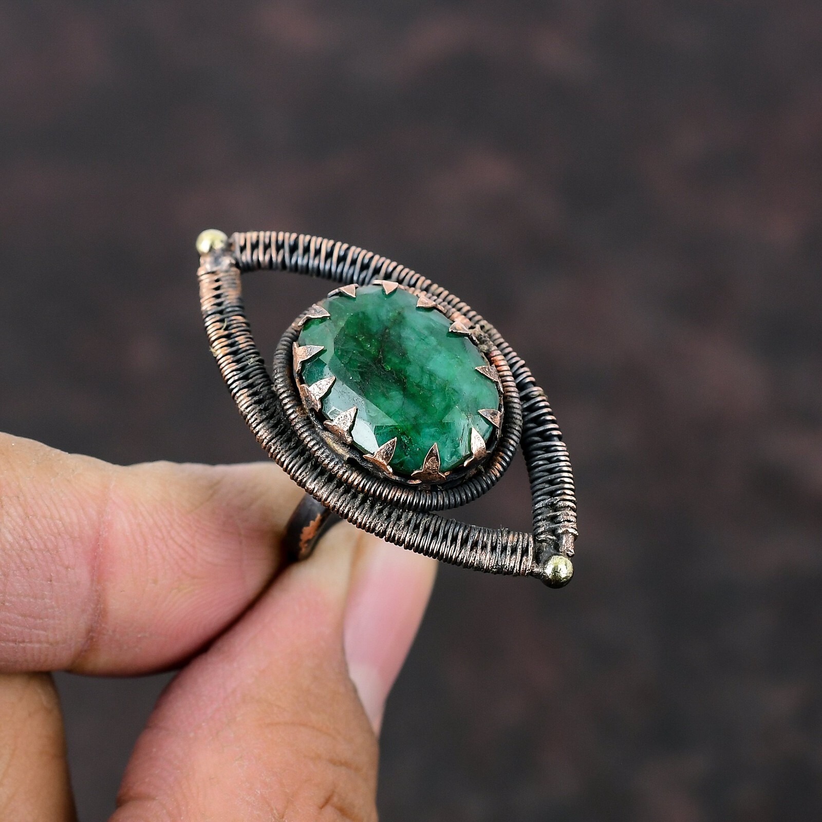 Copper Oval Zambian Emrald Gemstone Wire Wrapped Wedding Statement Ring Jewelry