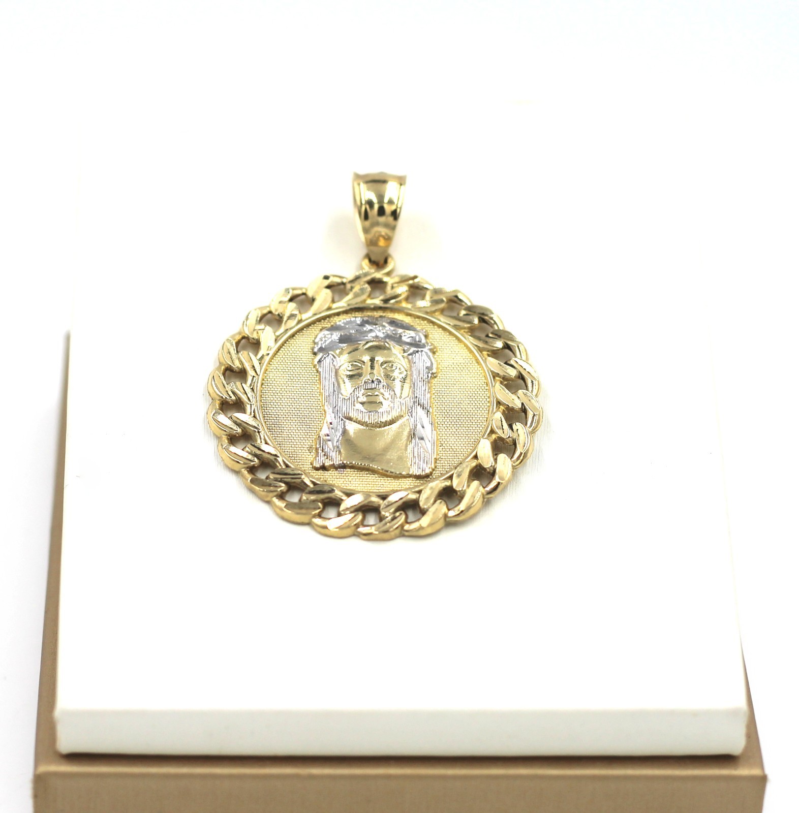 10K Gold Textured Round Jesus Head Medallion Cuban Link Border Pendant 48mm 6.3g