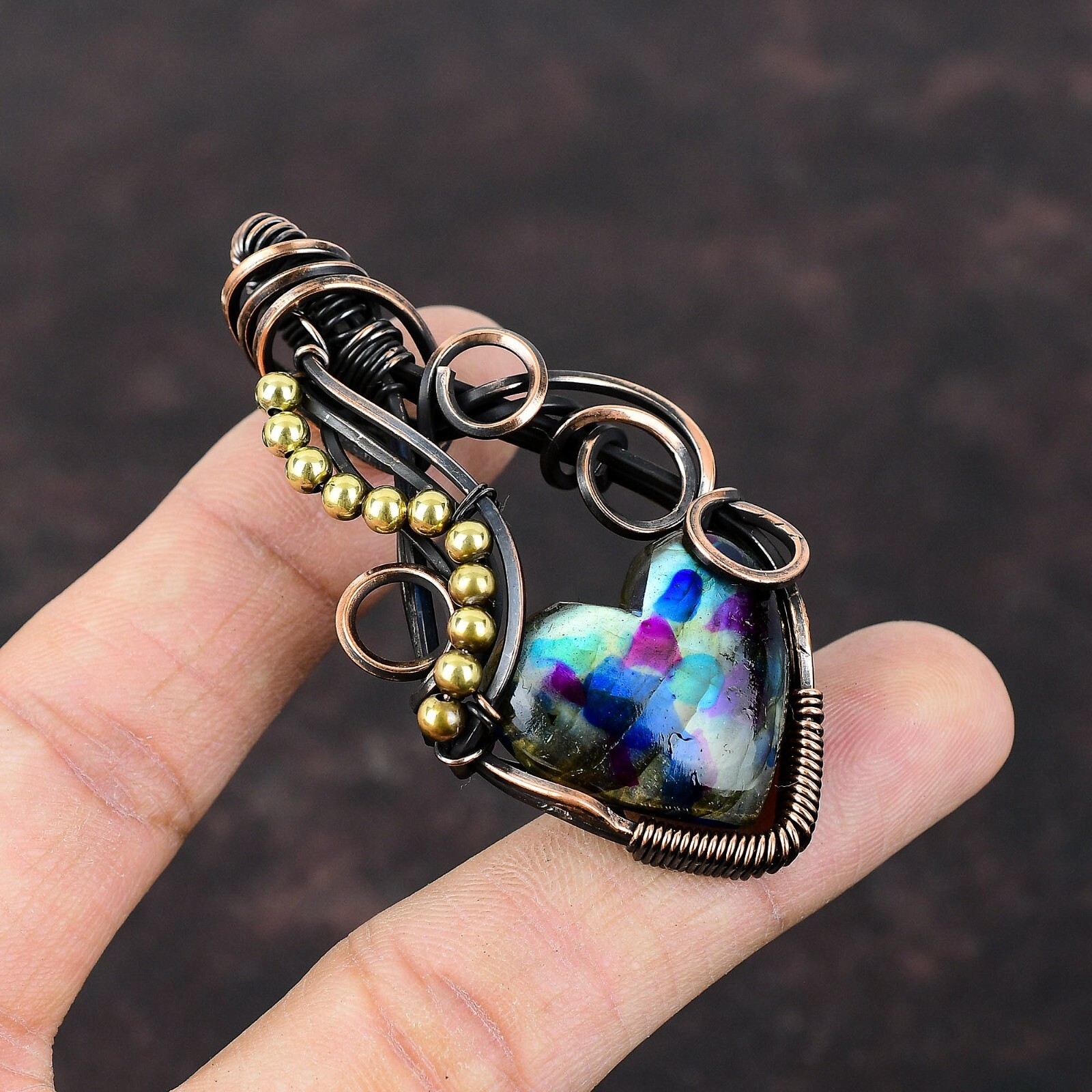 Gift For Her Multi Fire Labradorite Wire Wrapped Pendant Copper Jewelry 2.76″