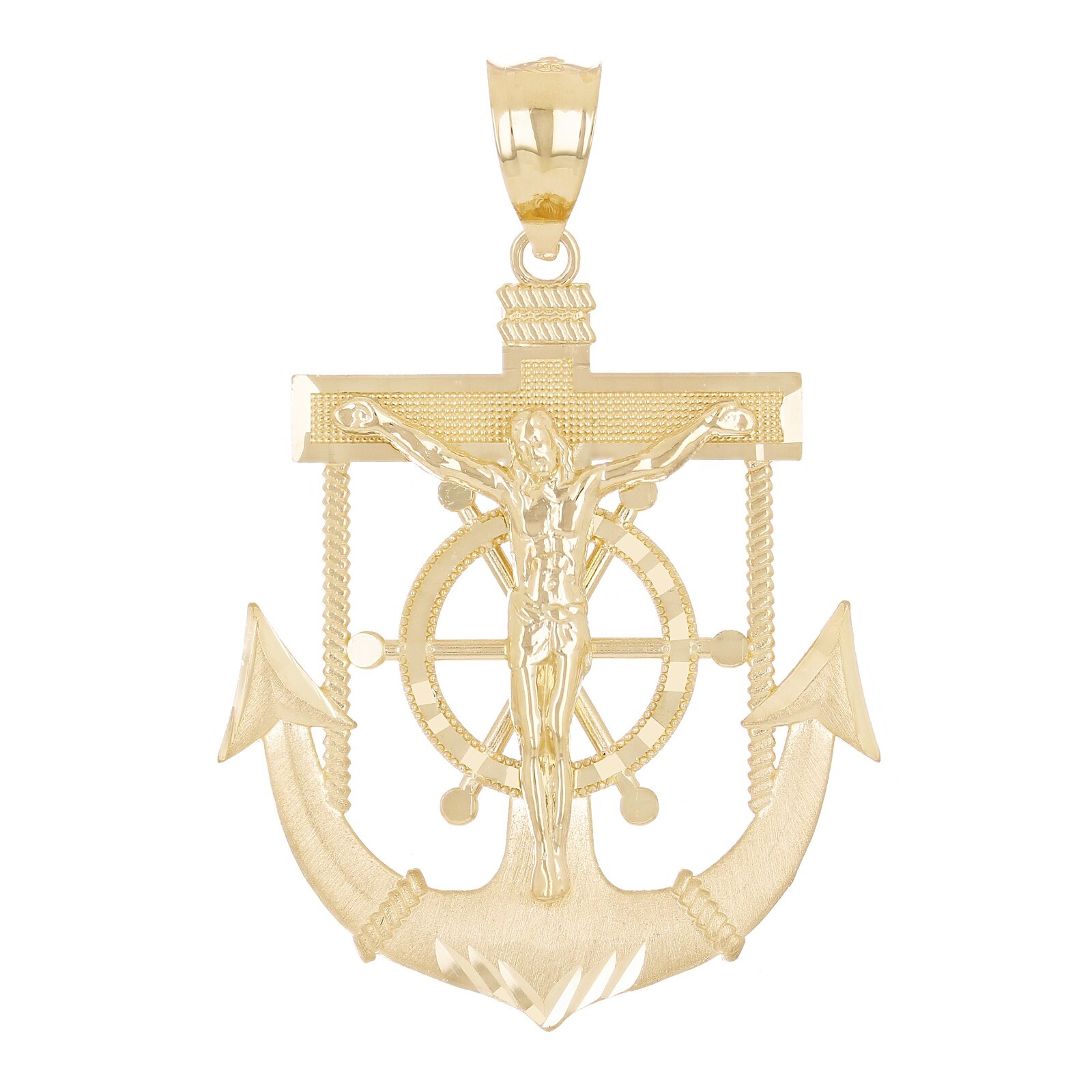 14k Yellow Gold Jesus Christ Cross Anchor Ship Mariners Pendant 2.1″ 6.3 grams