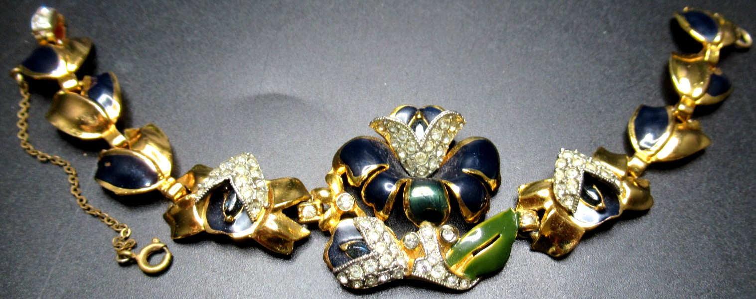 CORO Navy Blue Enamel Rhinestone Flower Early Vintage Bracelet