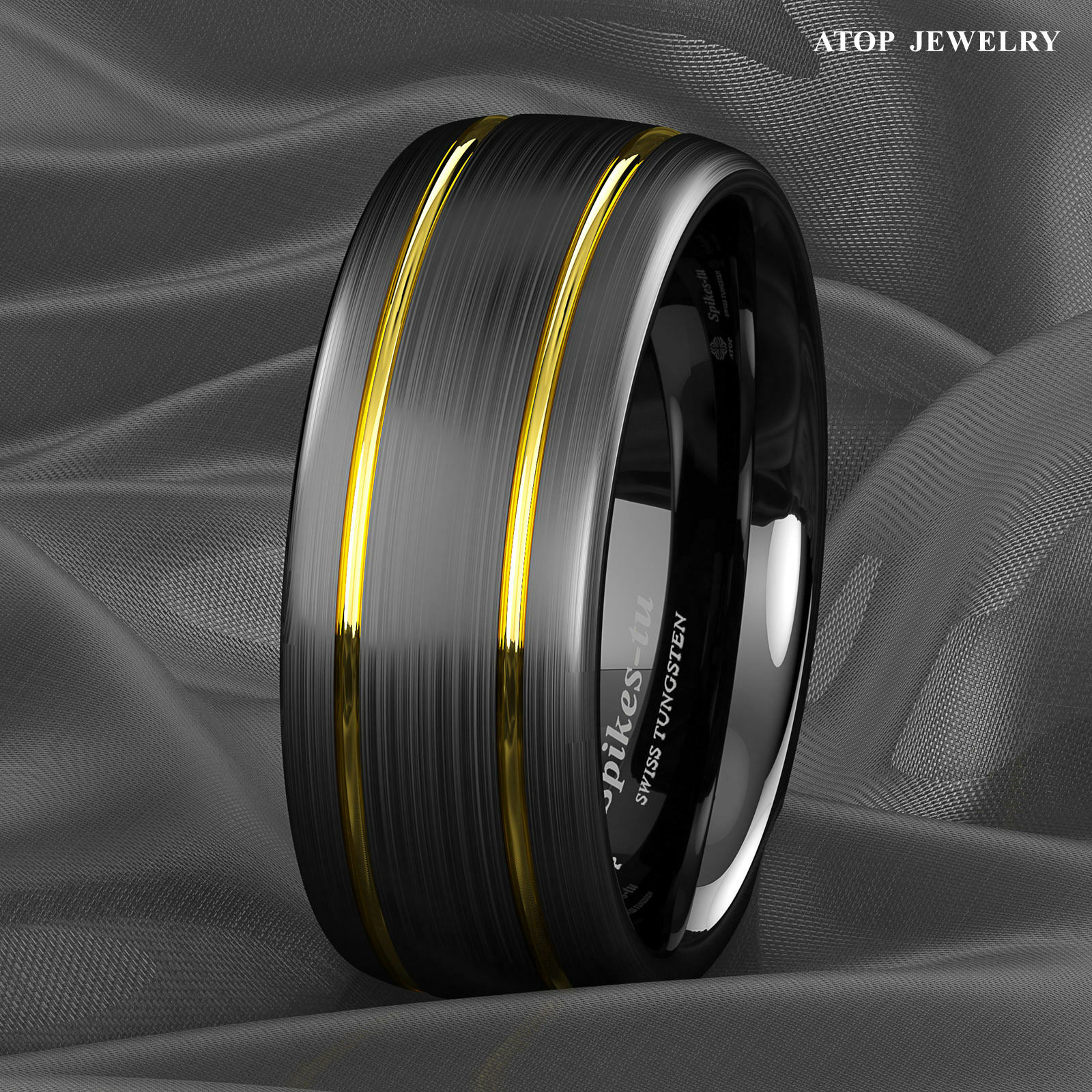 8mm Tungsten Ring Black Brushed Dome 18k gold Wedding Band ATOP Mens Jewelry