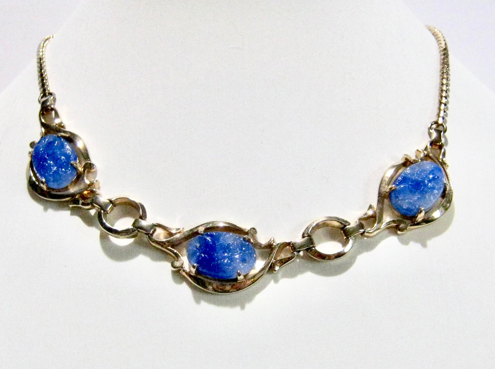 Lustern Necklace Blue Glass Stones, Goldtone, Vintage, 15 1/2″, Pre-1950, Signed