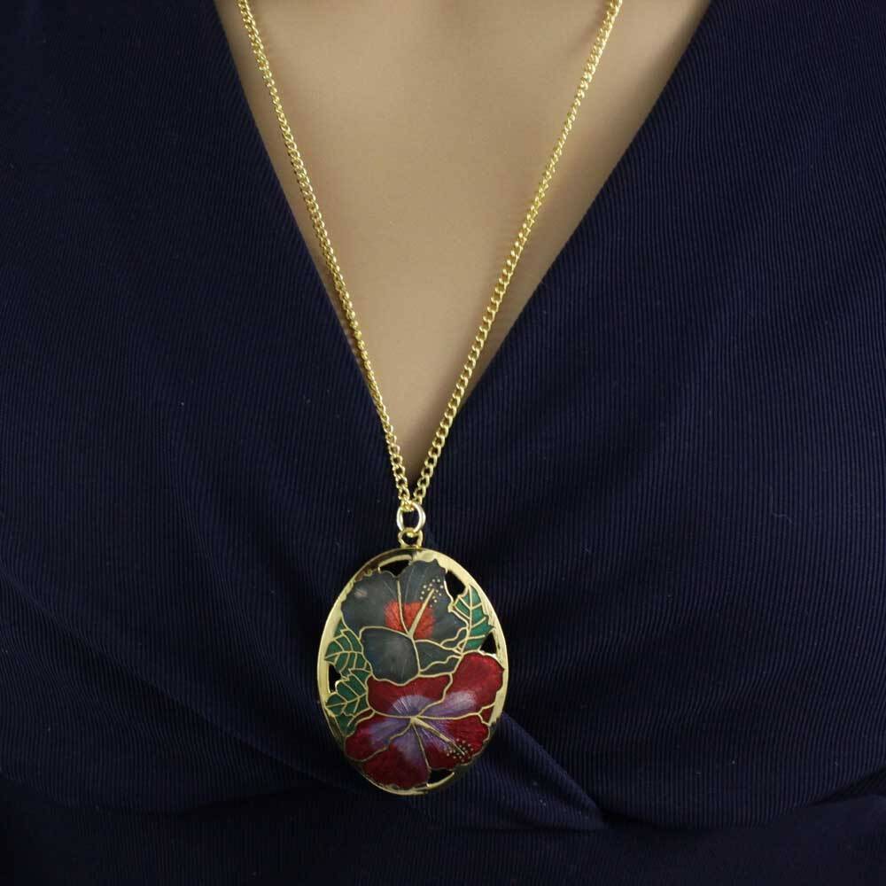 Red and Gray Hibiscus Cloisonne Necklace and Earring Set – CP90NBS