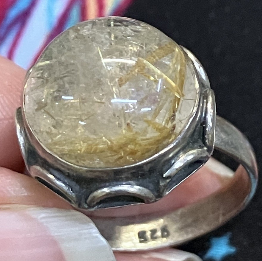 Sterling Silver ring featuring a natural golden rutilated quartz stone Size 8.5