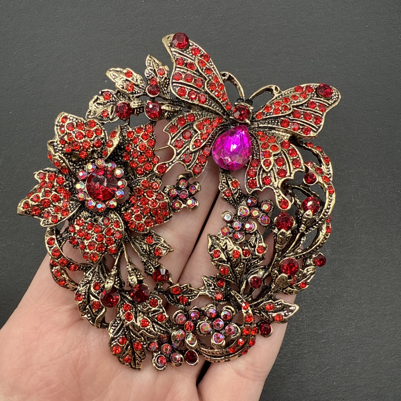 HUGE Butterfly Red Pink Flower Rhinestone Wreath Brooch Pin J26