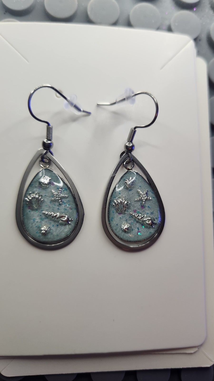 Handmade Resin Earrings – Stainless Steel Teardrops – Ocean Treasures