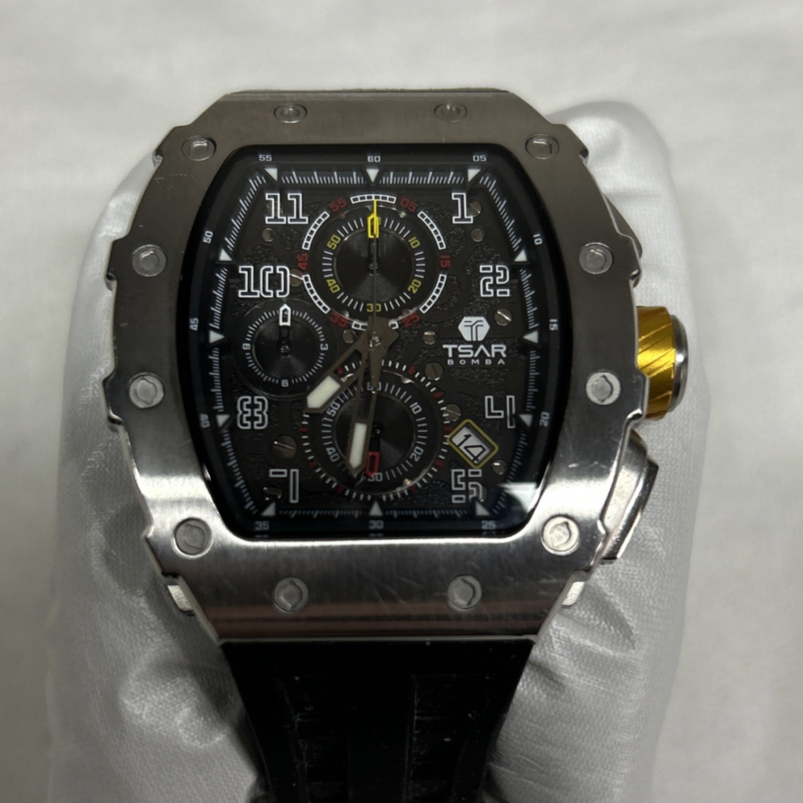 TSAR BOMBA Men’s Chronograph Stainless Steel Watch Black Rubber Strap 50M Analog