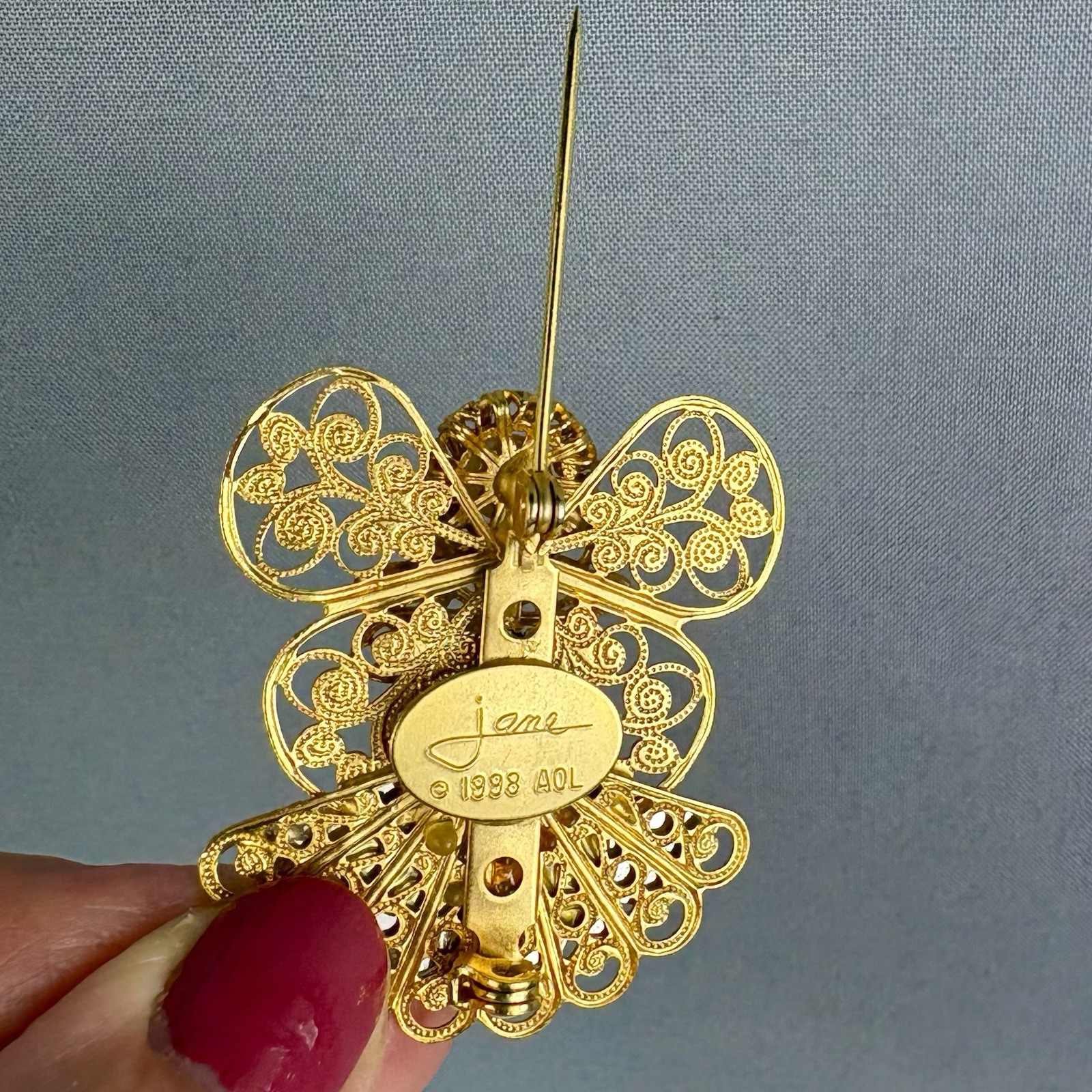 Vintage Frosted Glass Filigree Angel Brooch Pin Signed Jane