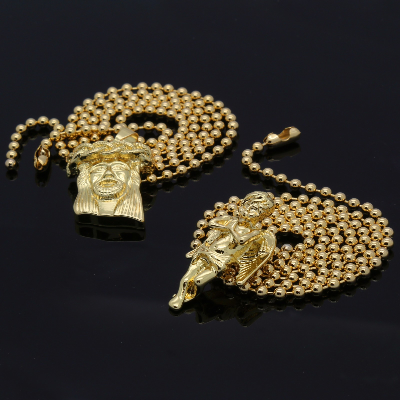 Mens Gold Plated Jesus Angel Piece Combo Set Plain Pendant Chain Necklace