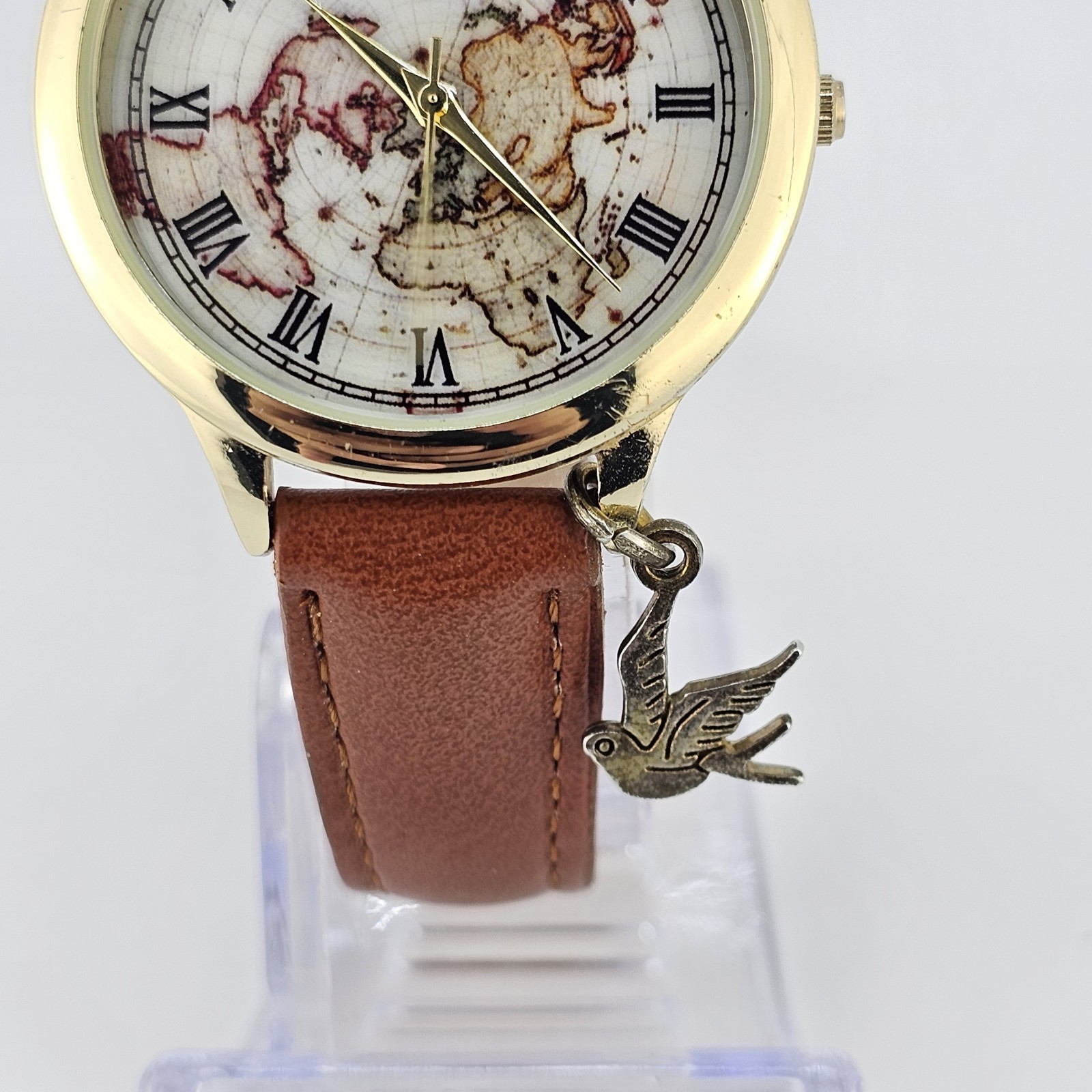Women’s World Map Watch 38MM Multicolor Dial Brown Leather Bands NEW Battery