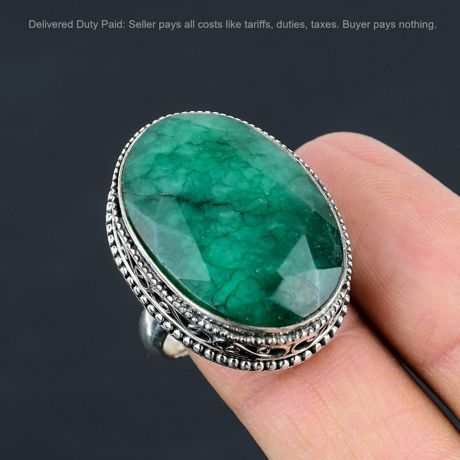 Oval Zambian Emrald Gemstone Sterling Silver Anniversary Statement Vintage Ring