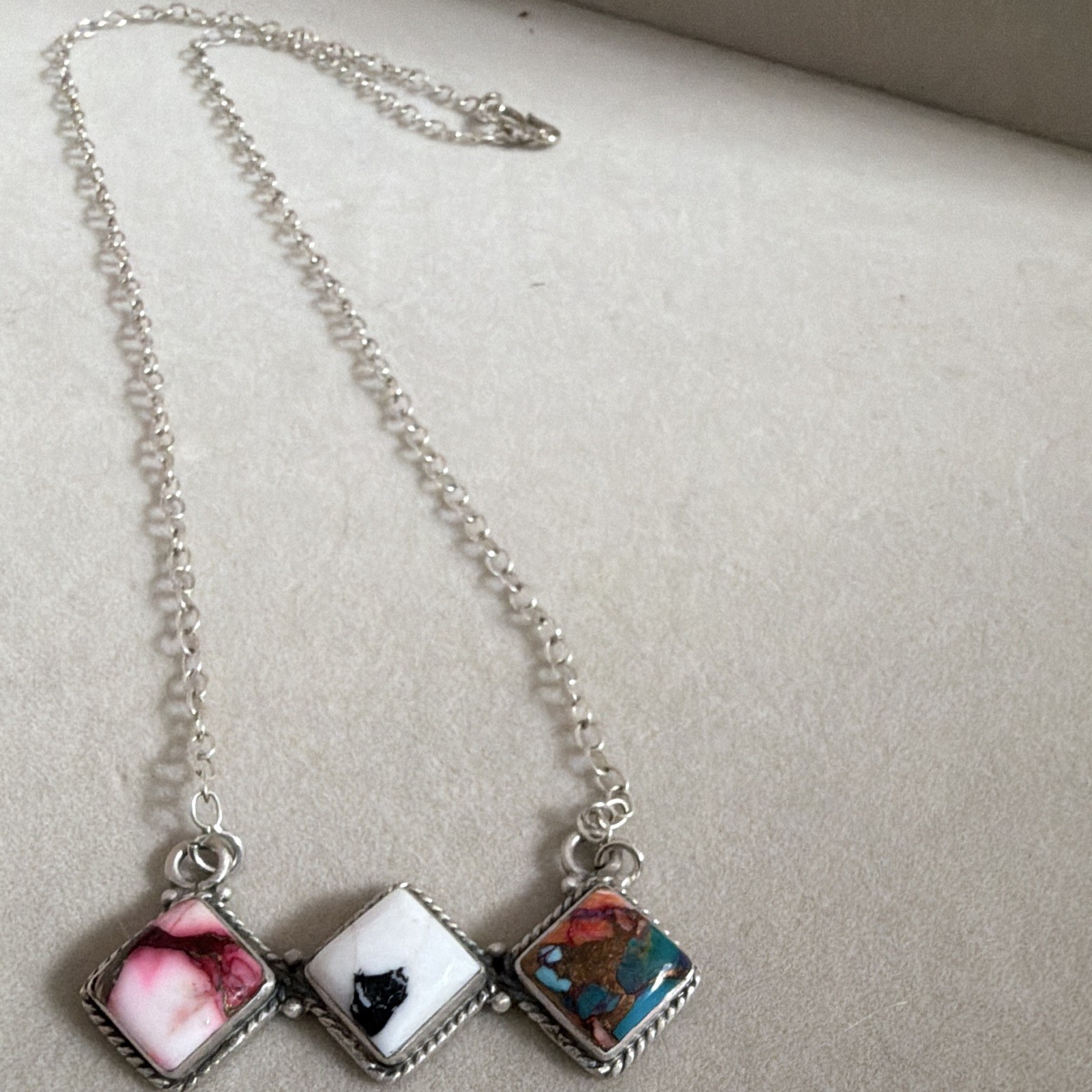 Sterling 925 three stone necklace. pink dahlia, white buffalo, orange spiny. 18”