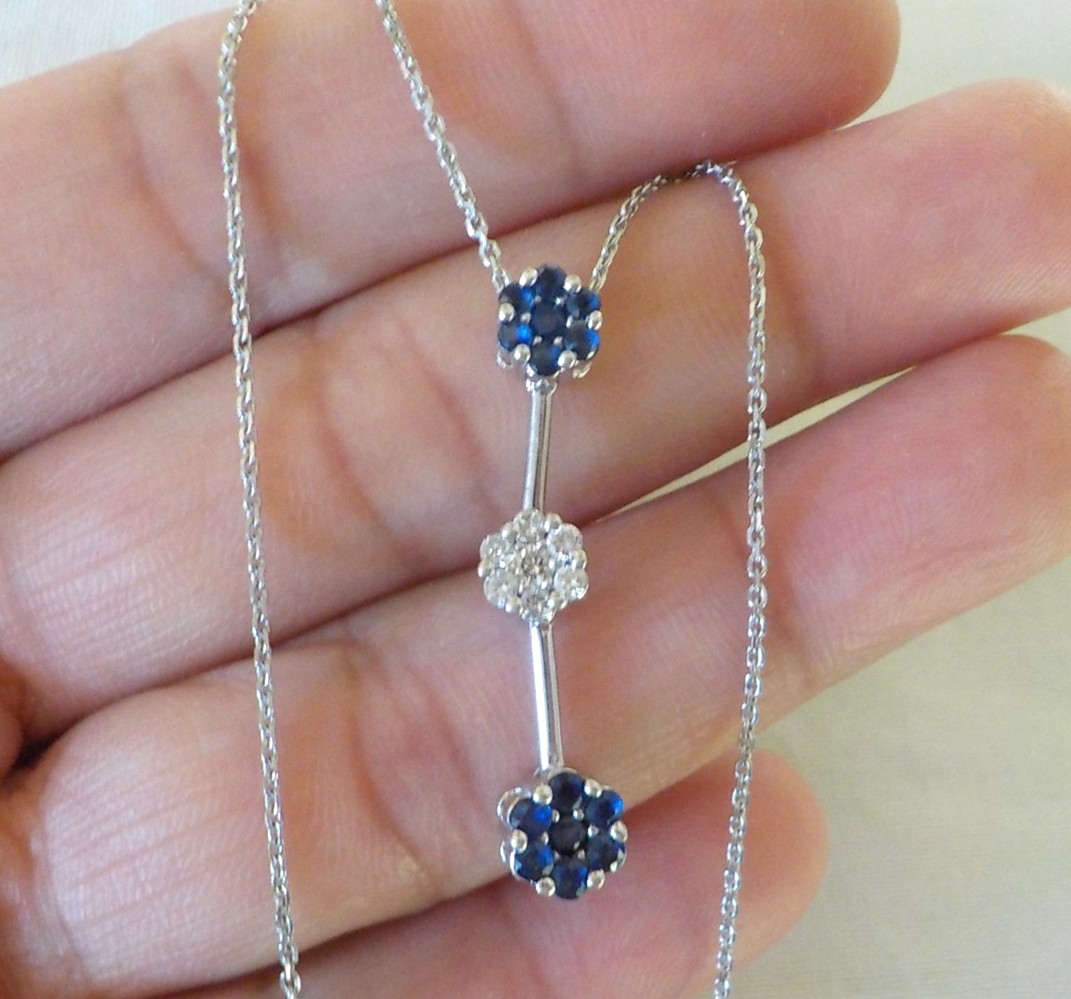 14K White Gold Bar Blue Sapphire Diamond Necklace – 4.0 gms, 18 in, 0.40 ctw