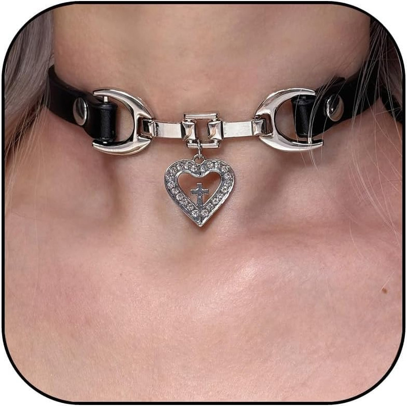 Black Choker Necklace for Women Handmade PU Leather Chokers CZ Heart Cross Penda