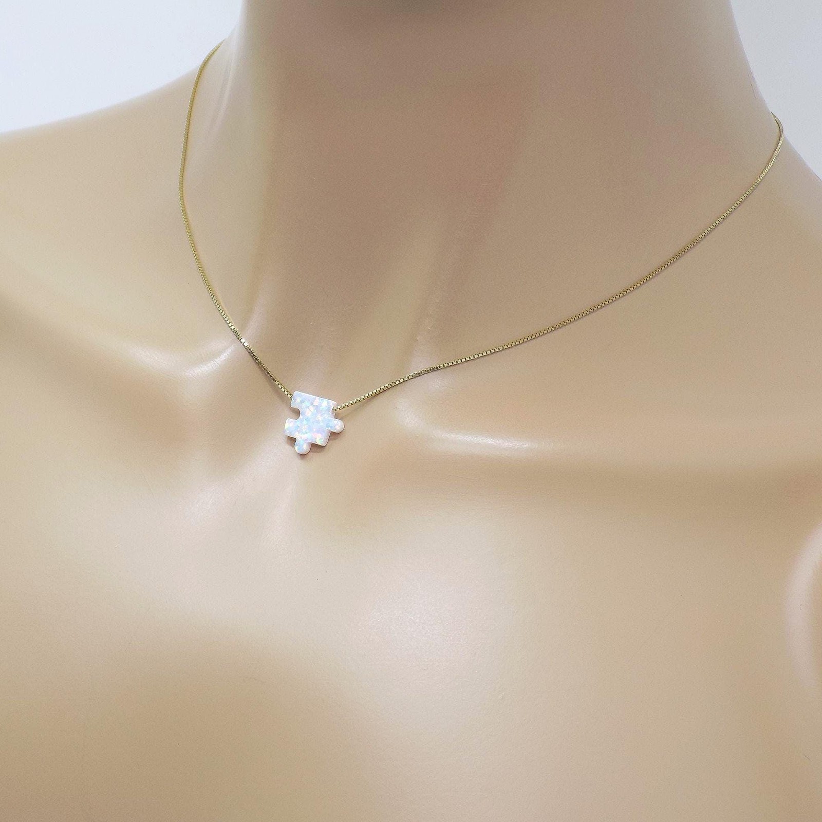 Puzzle Piece Necklace Lab Created Opal 925 Sterling Silver Autism Awareness Gift