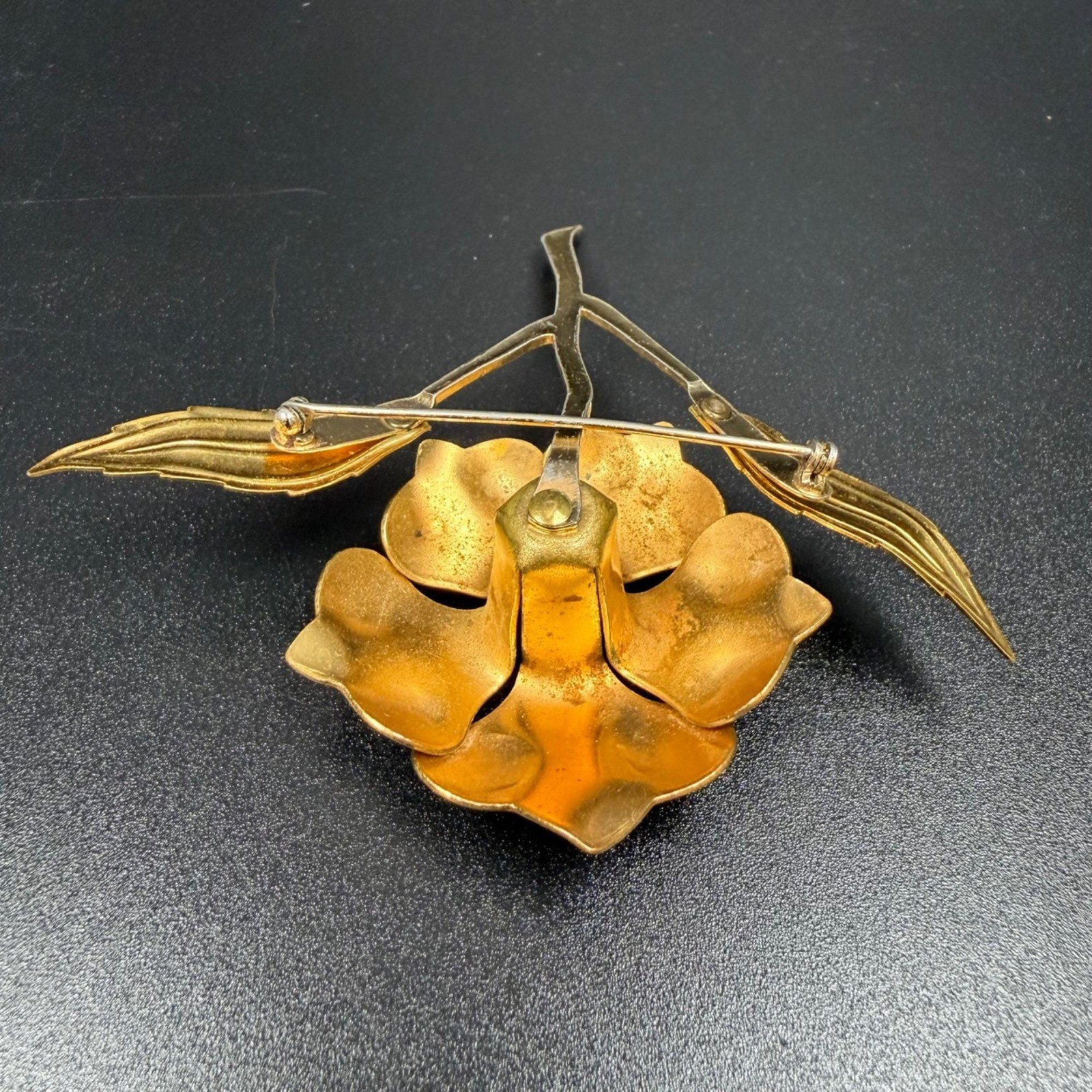 Vintage Blue Cold Painted Enamel Flower Brooch Gold Tone Statement Pin 3.75 In