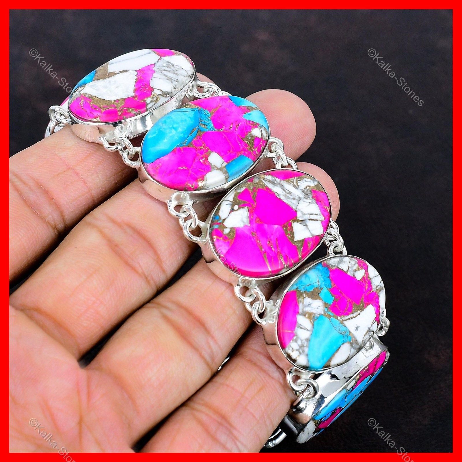 Cotton Candy Turquoise Gemstone Bracelet 925 Sterling Silver Adjustable Bracelet