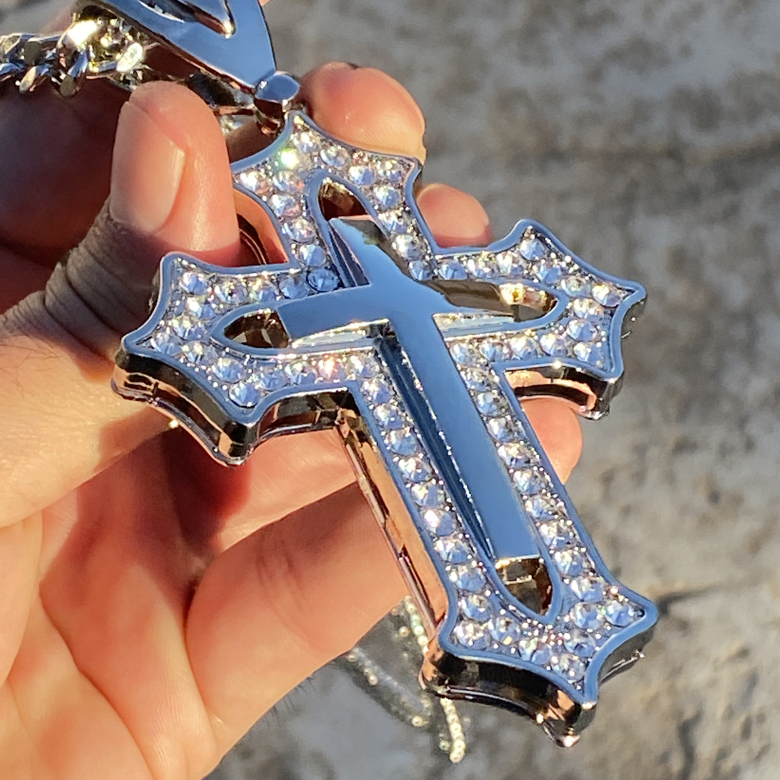 Huge Open Cross Iced Flooded Out CZ Silver Tone Cuban Link Hip Hop Chain 30″