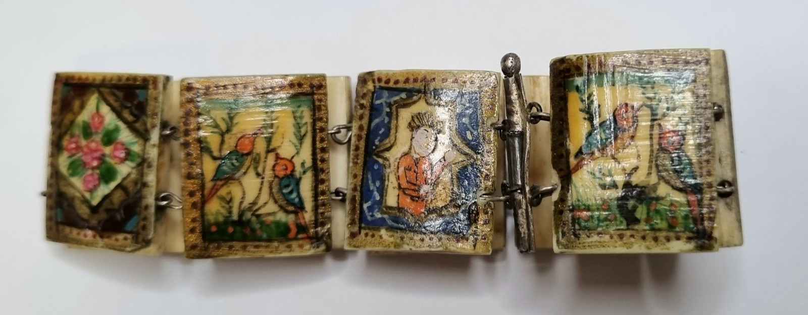 Antique Eastern European Folk Art Bone Panel Bracelet, Sterling Silver, c.1900