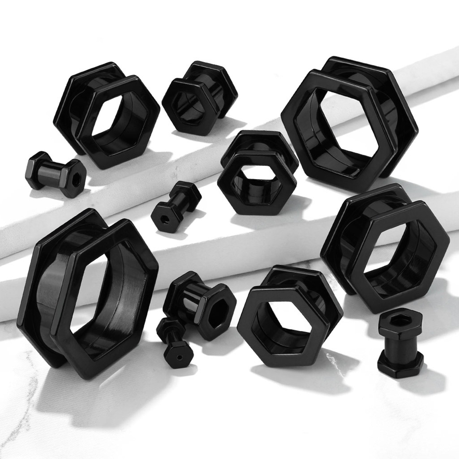 PAIR-Hexagon Black Titanium IP Screw On Ear Tunnels 04mm/6 Gauge