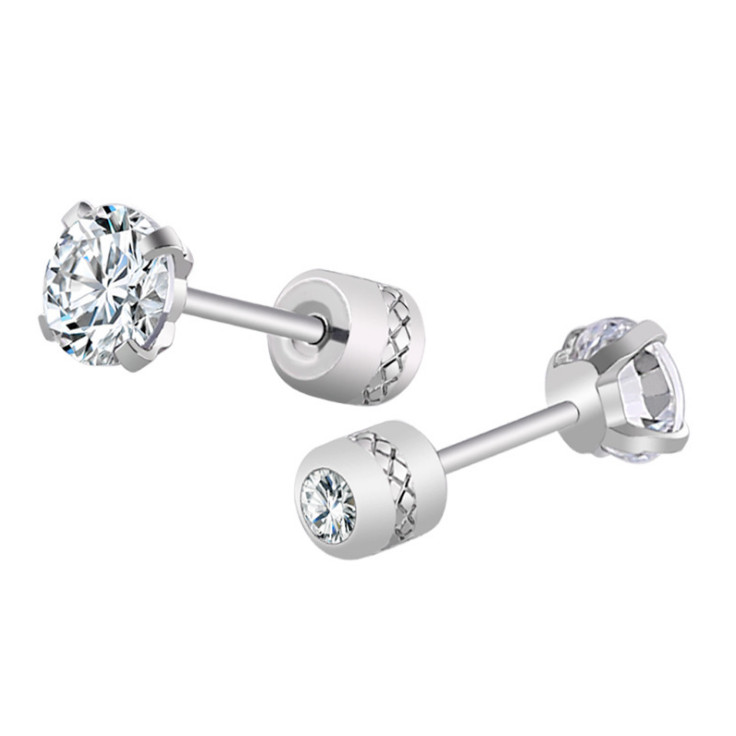 Women Men Silver Stainless Steel Round CZ Stud Earrings Screw Back Gift PE30