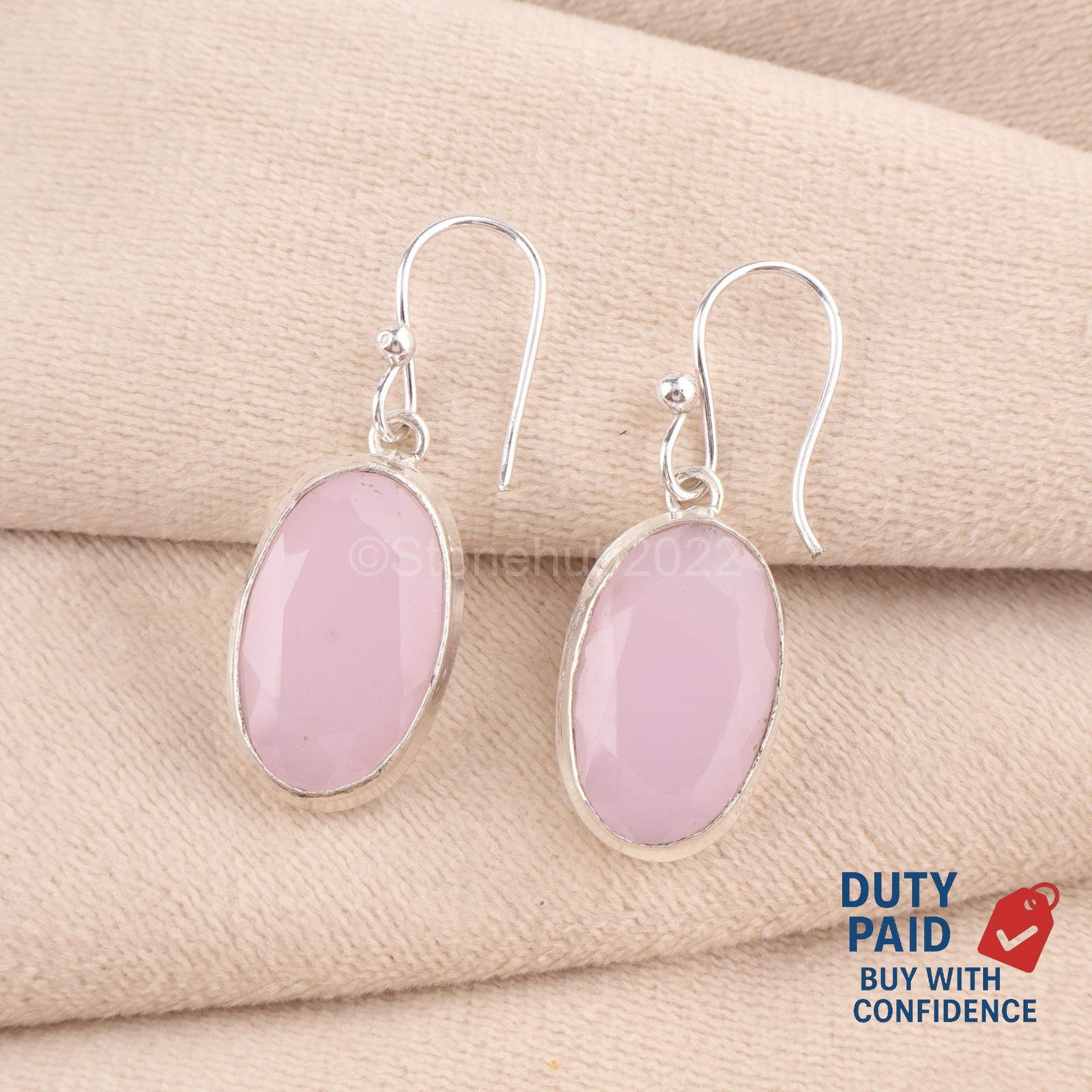 Oval Natural Pink Chalcedony Sterling Silver Sister Drop Channel Set Earrings