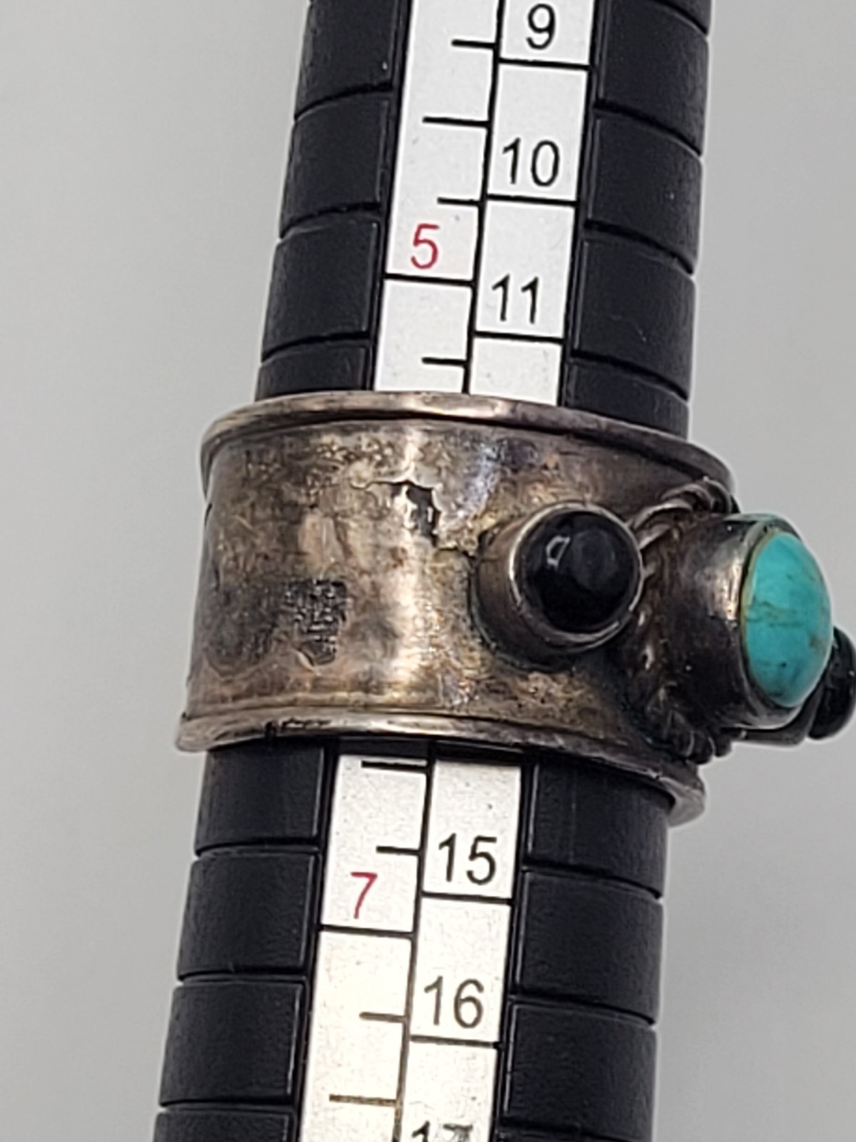 925 Sterling Thailand Ring Size 6 Adj Turquoise Handmade Wide Band One of a Kind