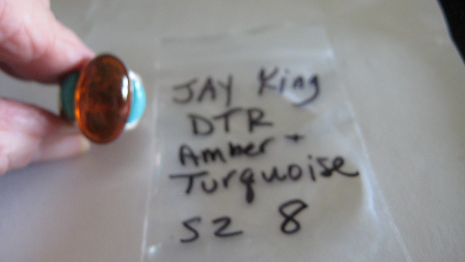 NICE JAY KING/DTR STERLING SILVER TURQUOISE & AMBER RING, SZ 8